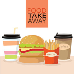 Fast food take away package design concept with plastic cogffee cup  and glasses for drinks and burger with french fire