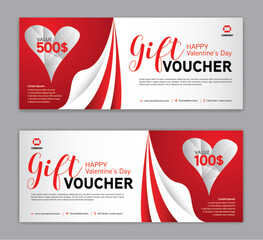 Gift Voucher template for Happy Valentine's Day, Valentines day Coupon, Valentine's day Sale banner, certificate, discount cards, headers, web banner, red background, Valentine's day design vector ill