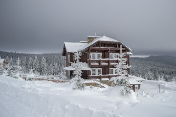 Houses high in the mountains in winter