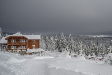 Houses high in the mountains in winter