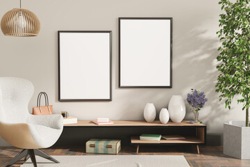 Mock up frame in home interior background, living room with natural furniture, Scandinavian style 3d illustration