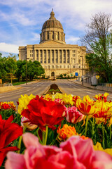 Missouri State Capitol Building with spring tulips.