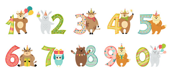Obraz premium Greeting Happy Birthday animal with number cartoon set. Congratulate child birthday. Flat Deer and hare, bull owl and fox, bear. Hand drawn cartoon character in hat. Isolated vector illustration