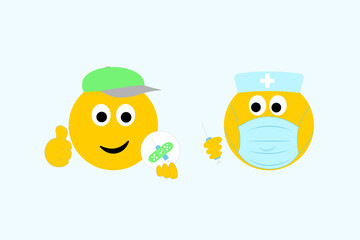 Smiling thumbs up emoji getting vaccine from medical emoji with vaccine syringe, flu covid 19 medical vaccination concept