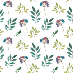 seamless pattern leaves and berries. mixed media botanical pattern of berries and leaves. leaves seamless pattern