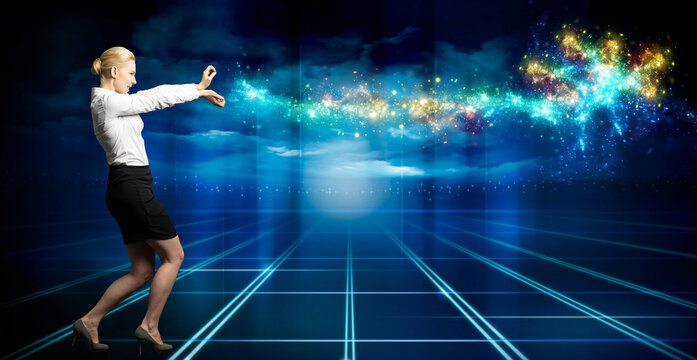 businesswoman firing sparkles like a superpower on blue background
