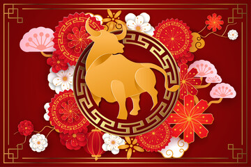 Paper art ox 2021 decoration greeting card for lunar year banner, may you welcome happiness in chinese characters china. Premium Vector