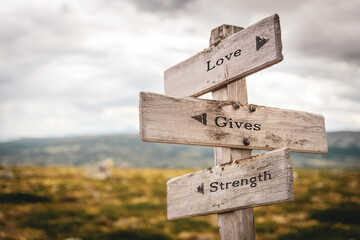 love gives strength signpost outdoors in nature