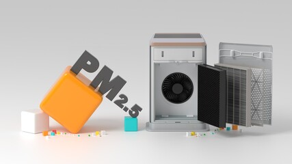 3D illustration of PM2.5 and air purifier with a hexahedral cubic background