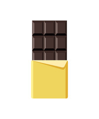 Chocolate bar icon. Open tasty bitter chocolate in foil packaging. Flat dessert and sweet. Vector illustration in cartoon style