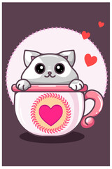Kawaii cat in the cup in valentine day cartoon illustration
