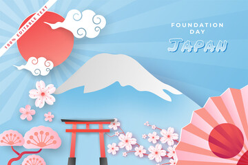 Happy national foundation day japan in paper cut art style with editable text effect Premium Vector