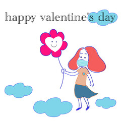 happy Valentine's Day card cute girl wearing face mask holding a flower balloon floating in the sky with blue clouds in hand drawn cartoon vector
