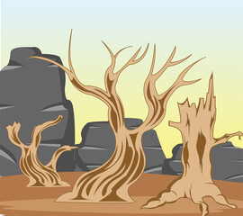 Vector illustration to deserts with dry tree and stone