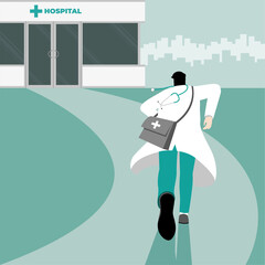 Back view of medical emergency case concept. The doctor with the medical equipment bag and stethoscope suddenly run to the hospital building. Occupation lifestyle of work hard and responsible people.