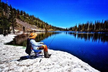 Man Sitting While Fishing On Lakeshore Against Clear Sky