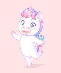 Cute baby unicorn standing on one leg. Vector cartoon character on pink background.