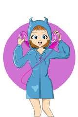 A little cute girl wearing pink earphone