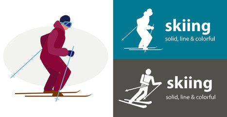 Skiing isolated vector flat icon. silhouette line solid design element