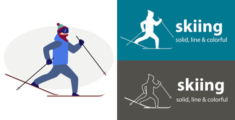 Skiing isolated vector flat icon. silhouette line solid design element