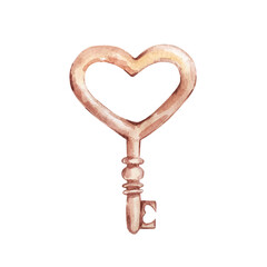 Watercolor hand drawn beige key in the shape of a heart