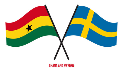 Ghana and Sweden Flags Crossed And Waving Flat Style. Official Proportion. Correct Colors.