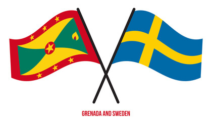 Grenada and Sweden Flags Crossed And Waving Flat Style. Official Proportion. Correct Colors.