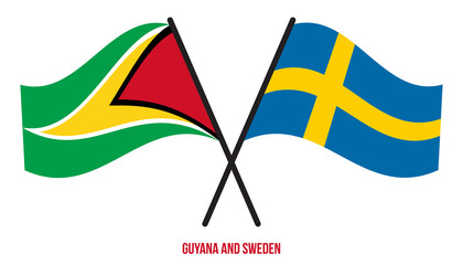 Guyana and Sweden Flags Crossed And Waving Flat Style. Official Proportion. Correct Colors.