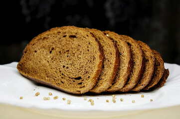 bread. Custard rye brown bread. bread cut inside and cut into pieces. in the form of a front side
