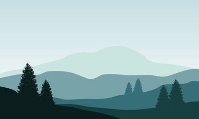 Beautiful view of trees and mountains in the morning on the edge of town. Vector illustration