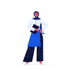 female cook in uniform arab woman chef holding tablet pc cooking food industry concept professional restaurant kitchen worker full length vector illustration