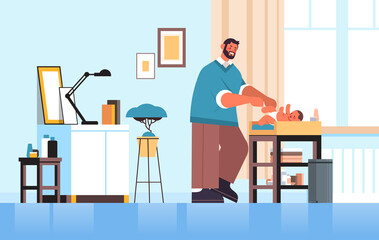 young father changing diaper to his little son fatherhood parenting concept dad spending time with his baby at home living room interior full length horizontal vector illustration