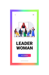 businesspeople having online conference meeting business women discussing with leader woman during video call full length copy space vertical vector illustration