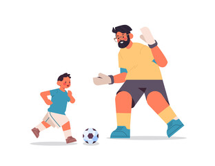 Fototapeta na wymiar young father playing football with son parenting fatherhood concept dad spending time with his kid full length horizontal vector illustration