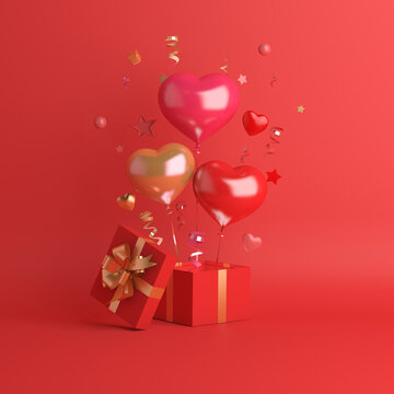 Happy Valentines Day Decoration With Gift Box, Heart Shape Balloon, 3D Rendering Illustration