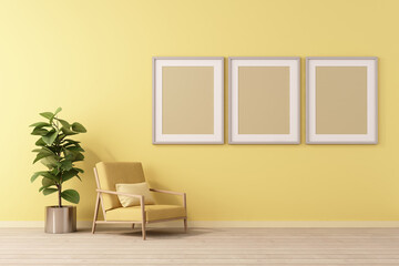 3d rendering of mock up Interior design for living room with picture frame on yellow wall