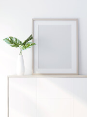 3d rendering of mock up Interior design for living room with picture frame on white wall