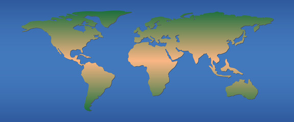 Simple colored world map. Global map. America, Europe, Asia, Australia. North, South, East, West.