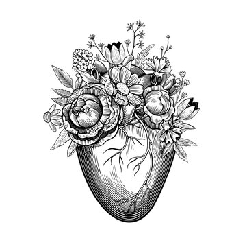 Vintage illustration of heart with flowers in tattoo engraving style. Black and white vector drawing.