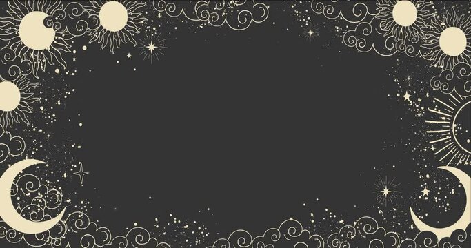 Cartoon background for astrology, tarot, magic and esotericism. Smooth 4K video rendering. Animation of a crescent moon with a face and a sun on a black sky background with stars