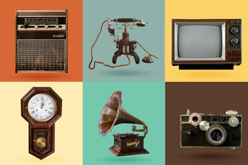 Vintage electrical and electronic appliances set. Nostalgic collectibles from the past 1960s - 1970s. objects isolated on retro color palette with clipping path. - obrazy, fototapety, plakaty