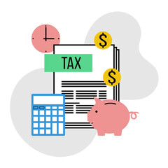 tax application form with piggy bank and calculator, thin line vector illustration