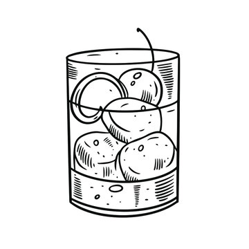 Hand Draw Alcohol Cocktail With Orange Zest, Ice Cube And Cherry Bar. Black Color Engraving Style. Vector Illustration.