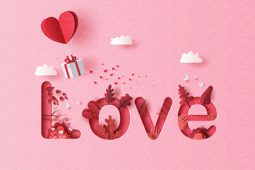 Gift box with heart balloon floating in the sky, text Love with trees and flowers in paper illustration, 3d paper.