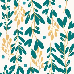Vegetable seamless vector pattern of colorful branches and leaves on a beige background