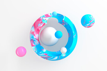 Three-dimensional abstract background of many blue circles with round cutouts with a stylized display of the planet and satellites on white background. 3D illustration