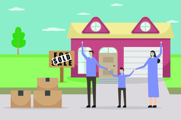 Family wearing face mask with sold sign in front of their house. Real estate vector concept