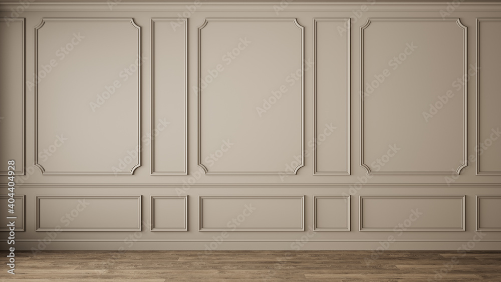 Wall mural classic interior with blank wall, pannel, moldings. 3d render illustration mock up.