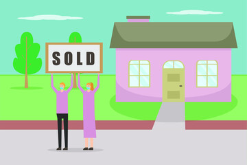 Obraz na płótnie Canvas Happy couple wearing face mask and showing sold house sign. Real estate vector concept