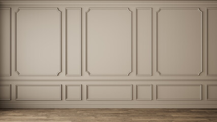 Classic interior with blank wall, pannel, moldings. 3d render illustration mock up.